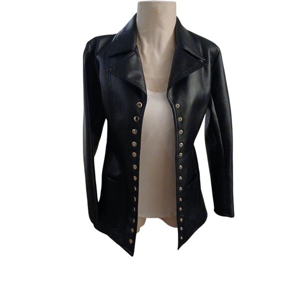 Louise Paris Faux Leather Jacket Sz S Black Mid Snaps Pockets Back Belt Modern - Picture 4 of 14